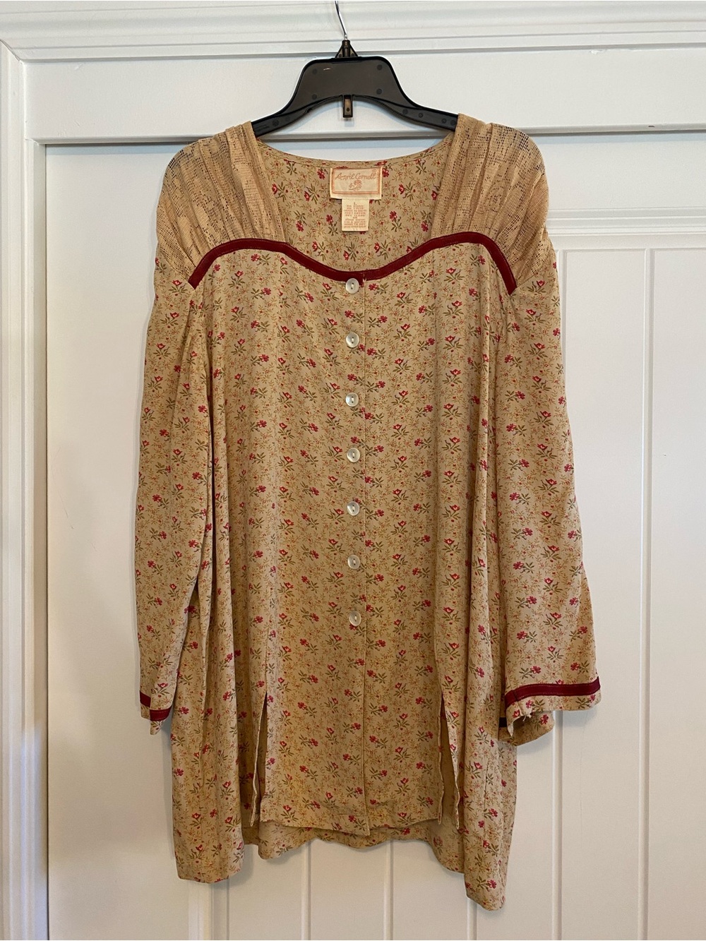 April Cornell- Beige Floral with Burgundy Trim Blouse